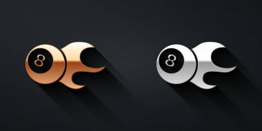 Siyah arka planda 8 numaralı ikonu olan altın ve gümüş bilardo topu. Uzun gölge tarzı. Vektör.