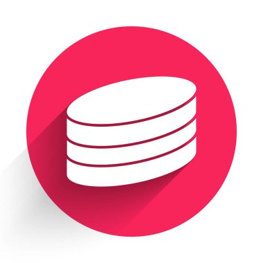 Uzun gölgeli beyaz çikolatalı kek ikonu. Kırmızı daire düğmesi. Vektör.