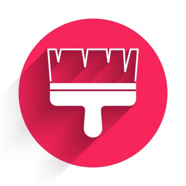 Beyaz boya fırça simgesi uzun gölgeli izole edilmiş. Kırmızı daire düğmesi. Vektör.