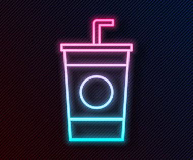 Siyah zemin üzerinde saman ve su ikonu olan parlak neon şeritli kağıt bardak. Soda bardağı. Taze soğuk içecek sembolü. Vektör İllüstrasyonu.