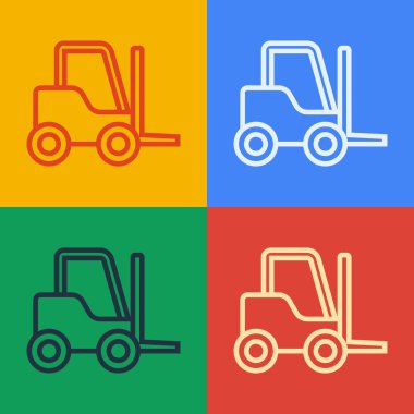 Pop Art Line Forklift ikonu renk arkaplanında izole edildi. Çatal doldurucu ve karton kutu. Kargo teslimatı, nakliye, ulaşım. Vektör İllüstrasyonu.