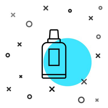 Çamaşır deterjanı, çamaşır suyu, bulaşık deterjanı ya da beyaz arka planda izole edilmiş başka bir temizlik maddesi ikonu için siyah çizgi plastik şişe. Rastgele dinamik şekiller. Vektör.