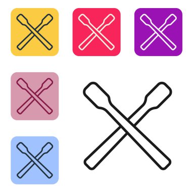 Siyah çizgili Drum çubukları simgesi beyaz arkaplanda izole edildi. Müzik aleti. Renkli kare düğmelerle simgeleri ayarla. Vektör.