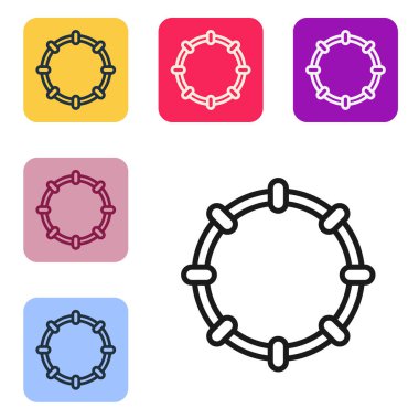 Siyah çizgi müzik aleti perküsyon tef, metal plaka ikonu beyaz arka planda izole. Renkli kare düğmelerle simgeleri ayarla. Vektör.