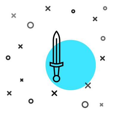 Siyah çizgi Ortaçağ kılıç ikonu beyaz arka planda izole edilmiş. Ortaçağ silahı. Rastgele dinamik şekiller. Vektör.