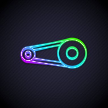 Siyah arka planda izole edilmiş çark ikonu olan parlak neon çizgili bisiklet zinciri. Bisiklet zinciri sıçrama iletimi. Vektör.