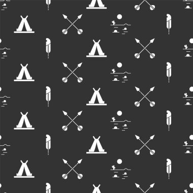 Çöl manzarasını kaktüs, tüy kalem, Kızılderili çadırı ya da çadır ve çapraz oklarla kusursuz desenlere ayarlayın. Vektör.