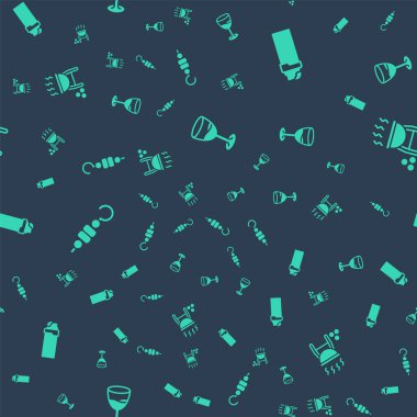 Şarap kadehi, çakmak, ızgara şiş kebap ve ızgarayı dikişsiz ızgaraya ayarlayın. Vektör.