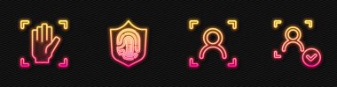 Yüz tanıma, avuç içi izi, parmak izi kalkanı ve... Parlayan neon ikonu. Vektör.