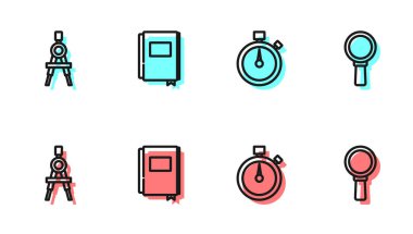 Çizgi Kronometre, Çizim pusulası, Kitap ve Büyüteç simgesi. Vektör.