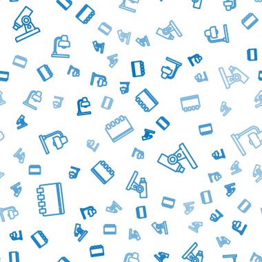 Çizgi dizüstü bilgisayar, mikroskop ve masa lambasını kusursuz desene ayarlayın. Vektör.