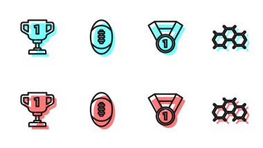 Set hattı madalyası, ödül kupası, Amerikan futbolu ve kimyasal formül ikonu. Vektör.