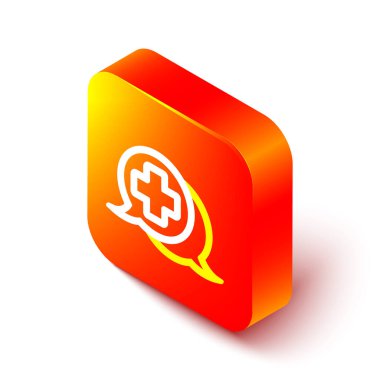 Doktor simgesiyle Isometric çizgi diyaloğu beyaz arkaplanda izole edildi. Doktor ve hasta diyaloğu. Sağlık hizmetleri hakkında danışmanlık. Turuncu kare düğme. Vektör İllüstrasyonu.