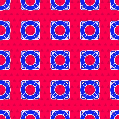 Mavi Lifebuoy simgesi kırmızı arkaplanda izole edilmiş. Can simidi sembolü. Vektör İllüstrasyonu.