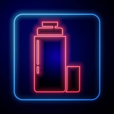 Parlayan neon termos konteynır ikonu mavi arka planda izole edildi. Termo matara ikonu. Kamp ve yürüyüş ekipmanları. Vektör.