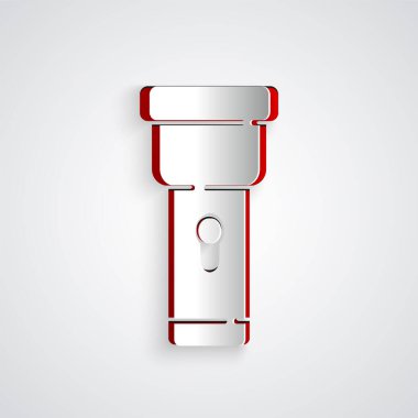 Kağıt kesiği El feneri simgesi gri arkaplanda izole edildi. Kağıt sanatı tarzı. Vektör.