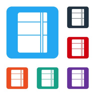 Beyaz Çizim Defteri veya albüm simgesi beyaz arkaplanda izole edildi. Renkli kare düğmelerle simgeleri ayarla. Vektör.