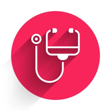 Beyaz steteskop tıbbi alet ikonu uzun gölgeli izole edilmiş. Kırmızı daire düğmesi. Vektör.