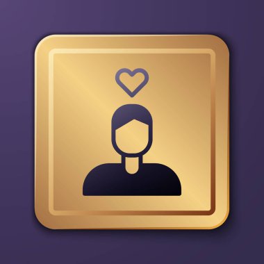 Mor romantik erkek ikonu, mor arka planda izole edilmiş. Sevgililer Günün kutlu olsun. Altın kare düğme. Vektör.