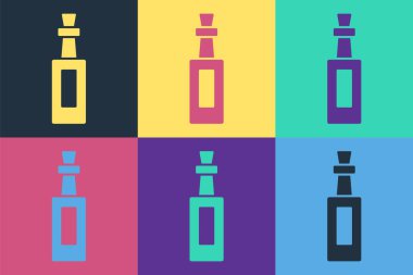 Renkli arka planda izole edilmiş bir şişe zeytinyağı ikonu. Zeytinyağı ikonlu sürahi. Vektör.