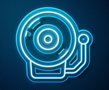 Parlayan neon hattı alarm zili simgesi mavi arkaplanda izole edildi. Alarm sembolü, servis zili, el zili işareti, uyarı sembolü. Vektör.