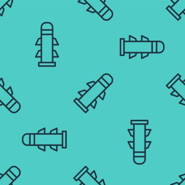 Siyah çizgi Roket simgesi, yeşil arkaplanda pürüzsüz desen izole etti. Vektör.