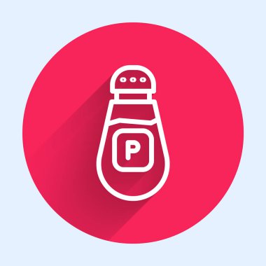 Beyaz çizgi Pepper ikonu uzun gölgeli izole edilmiş. Yemek pişirme baharatları. Kırmızı daire düğmesi. Vektör.