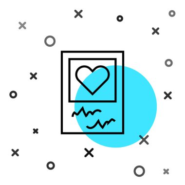 Siyah çizgi boş fotoğraf çerçeveleri ve beyaz arkaplanda izole edilmiş kalp simgeleri. Sevgililer Günü sembolü. Rastgele dinamik şekiller. Vektör.