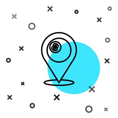 Bilardo bilardo topu ile siyah çizgi haritası işaretleyicisi. Beyaz arka planda 8 numaralı ikon izole edilmiş. Rastgele dinamik şekiller. Vektör.