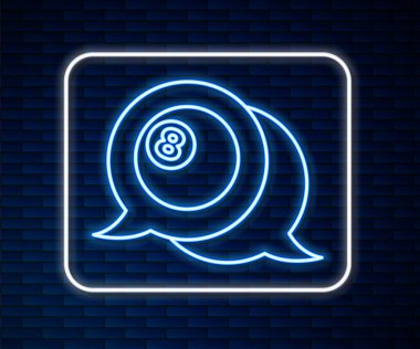 Parlak neon hattı bilardo topu 8 numaralı ikon tuğla duvar arkasında izole edilmiş. Vektör.