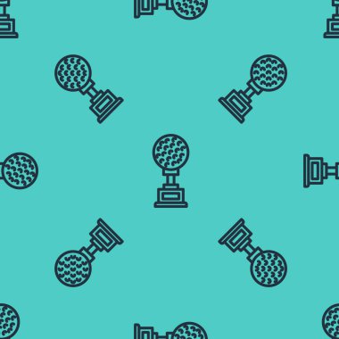 Golf ikonlu siyah çizgi ödül kupası yeşil arka planda izole edilmiş pürüzsüz desen. Galibiyet ödülü sembolü. Şampiyonluk ya da yarışma kupası. Spor başarısı işareti. Vektör.