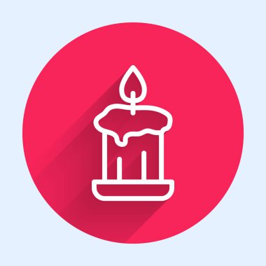 Mum ikonunda yanan beyaz çizgi uzun gölgeli izole edilmiş. Eski moda yanan mum. Silindirik mum çubuğu ve yanan ateş. Kırmızı daire düğmesi. Vektör.