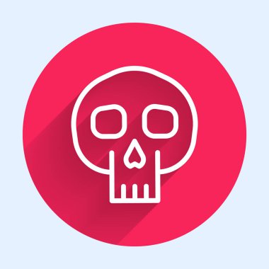 Beyaz Çizgili Kafatası simgesi uzun gölgeli izole edilmiş. Kırmızı daire düğmesi. Vektör.