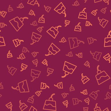 Kahverengi çizgi puding kreması ve karamel jöleli ikon kırmızı arka planda izole edilmiş pürüzsüz desen. Vektör.