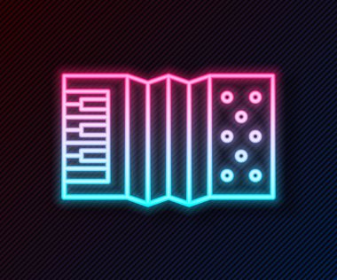 Parlayan neon hattı müzik aleti akordeon simgesi siyah arkaplanda izole edildi. Klasik bayan, harmonik. Vektör.