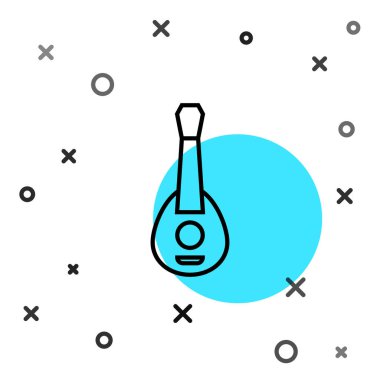 Beyaz arka planda siyah çizgi gitar ikonu izole edildi. Akustik gitar. Telli müzik aleti. Rastgele dinamik şekiller. Vektör.