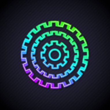 Parlayan neon hattı bisiklet kaseti dağ bisikleti ikonu siyah arka planda izole edildi. Arka Bisiklet Sprocket. Zincirle krankset zincirleniyor. Vektör.