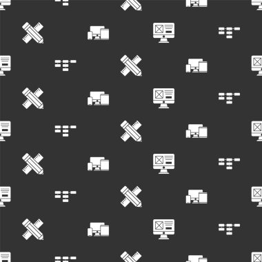 UI ya da UX tasarımı, site haritası, çapraz cetvel ve kalem ve monitör, mobil, tablet, dikişsiz desen. Vektör.