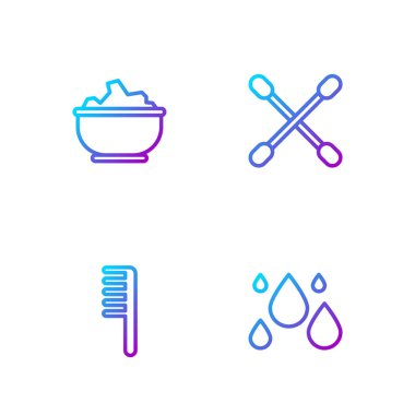 Hattı kurun. Su damlası, saç fırçası, kasede deniz tuzu ve kulak için pamuk çubuğu. Renk simgeleri. Vektör.