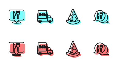 Pizza dilimi, kafe ve restoran yeri, araba ve ikonla hızlı teslimat. Vektör.