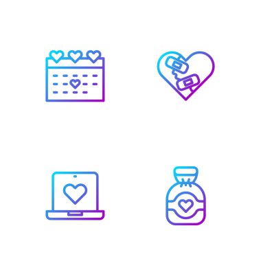 Çikolatalı şeker, internetten randevu uygulaması, kalbi kırık ve iyileşmiş takvim. Renk simgeleri. Vektör.
