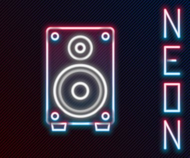 Parlayan neon hattı Stereo hoparlör simgesi siyah arkaplanda izole edildi. Ses sistemi hoparlörleri. Müzik ikonu. Müzikal sütun hoparlörü. Renkli taslak konsepti. Vektör İllüstrasyonu.