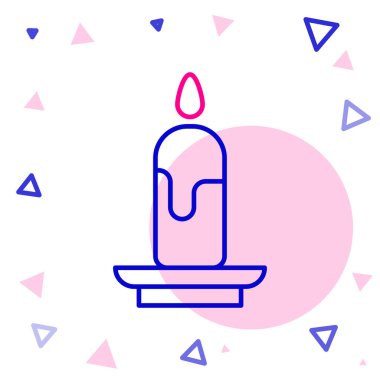 Satır Yanan mum simgesi beyaz arkaplanda izole edildi. Silindirik mum çubuğu ve yanan ateş. Renkli taslak konsepti. Vektör İllüstrasyonu.