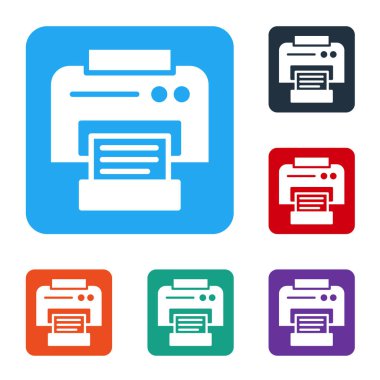 Beyaz Yazıcı simgesi beyaz arkaplanda izole edildi. Renkli kare düğmelerle simgeleri ayarla. Vektör İllüstrasyonu.