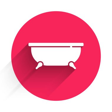 Beyaz Küvet ikonu uzun gölgeli. Kırmızı daire düğmesi. Vektör.