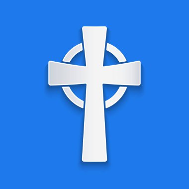 Kağıt kesiği Tombstone, mavi arka planda çapraz simge var. Mezar ikonu. Kağıt sanatı tarzı. Vektör.