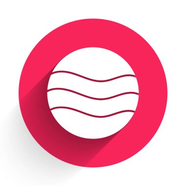 Beyaz Gezegen simgesi uzun gölgelerle izole edilmiş. Kırmızı daire düğmesi. Vektör.