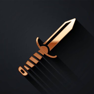 Siyah arka planda izole edilmiş altın askeri bıçak ikonu. Uzun gölge tarzı. Vektör.