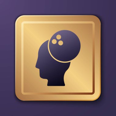 Mor bovling topu ikonu mor arkaplanda izole edilmiş. Spor malzemeleri. Altın kare düğme. Vektör.