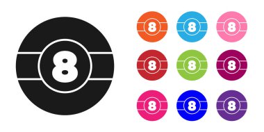 Siyah bilardo bilardo topu. Beyaz arka planda 8 numaralı ikon izole edilmiş. Simgeleri renklendirin. Vektör.